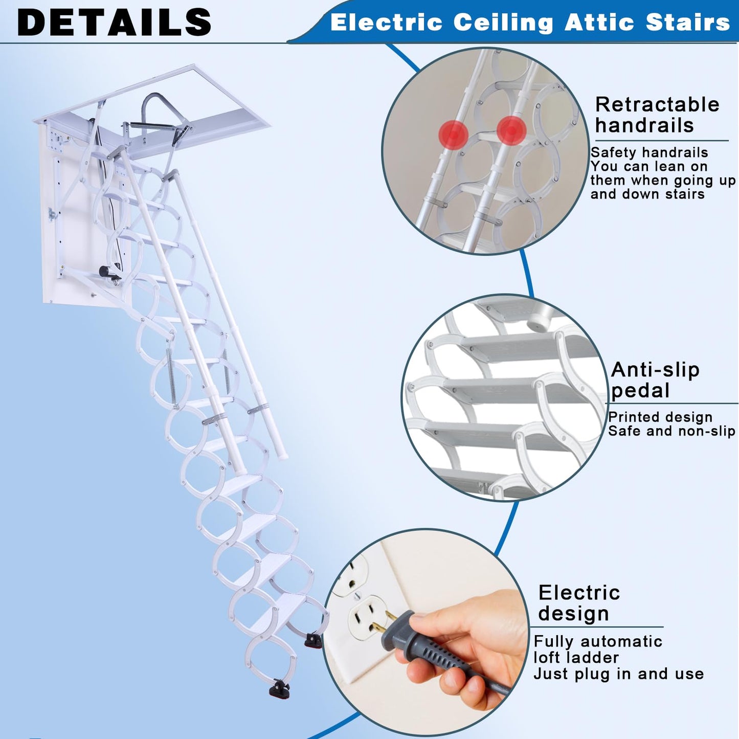12 Steps Electric Attic Ceiling Ladder, Retractable Pull Down System Attic Stair, Invisible Folding Ceiling Loft Ladder with Telescoping Handrail, Extension Steps Staircase for Home (White, Steps 12)
