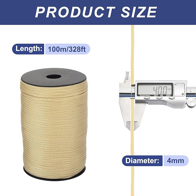 MECCANIXITY 5/32 Inch Polypropylene Rope Braided Ropes, 328ft Camping Rope Hollow Utility Cord for Clothesline, Hiking, Outdoor, Khaki