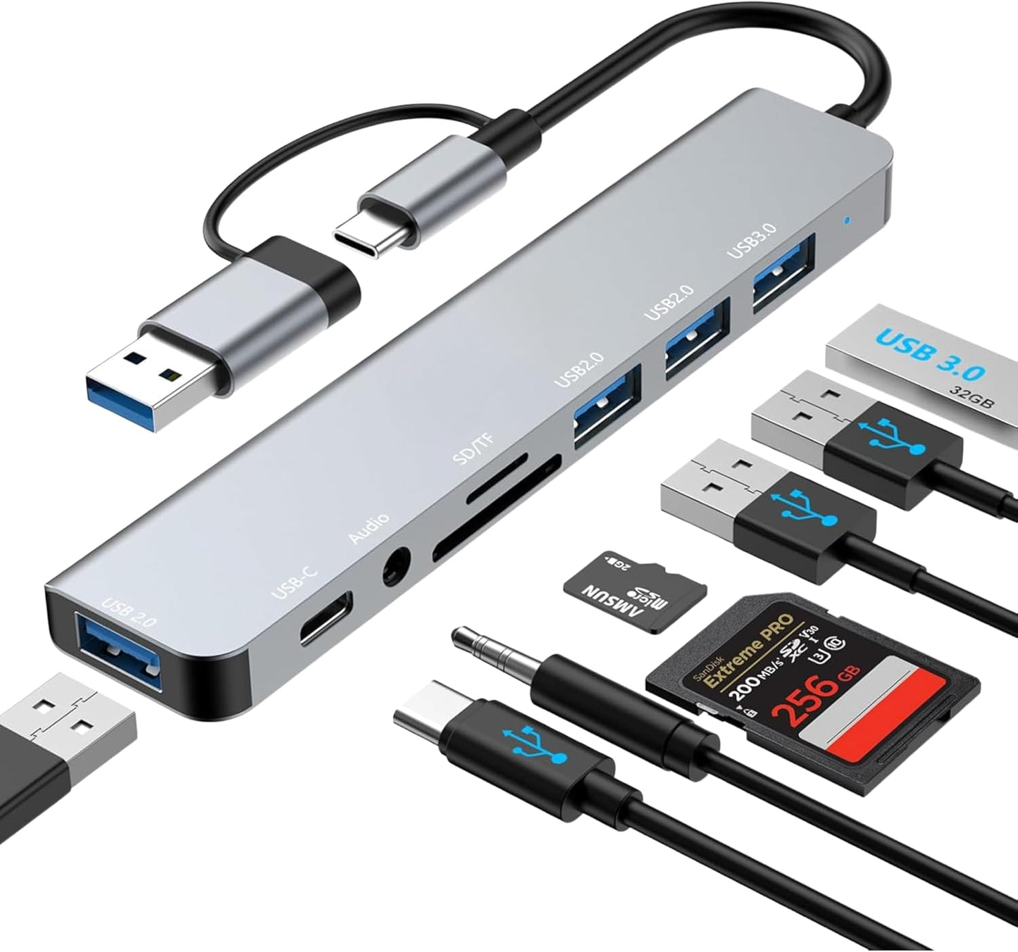 Generic 3.0 8 1 3.5mm USB Hub USB C Hub in with SD/TF Card Reader, Audio Jack, USB-A & USB-C Dual Input, Multiport