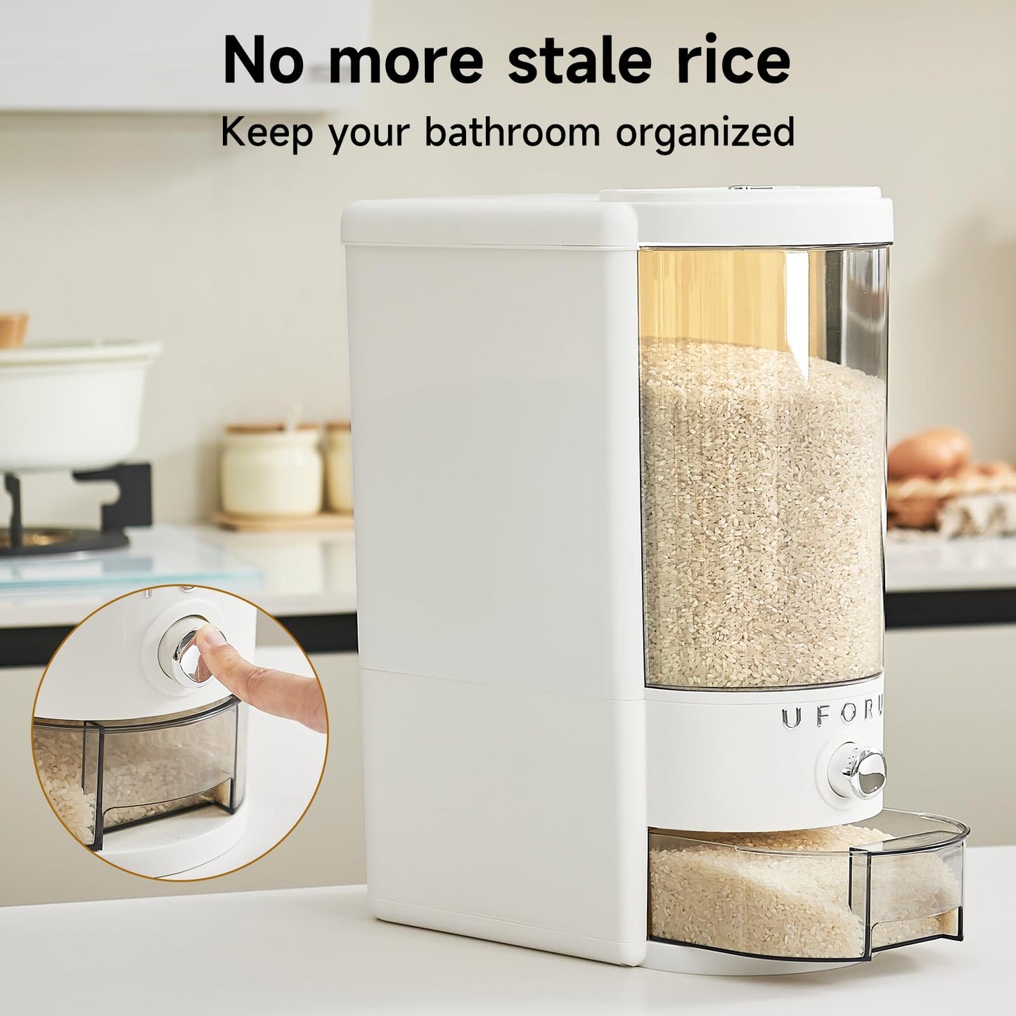UFORU Rice Dispenser 20 lbs | Large Rice Storage Container for Kitchen&Pantry - Space-saving, Moisture & Pest-proof, BPA-Free - Dry Food Dispenser with One-Touch Dispenser & Measuring Cup for Families