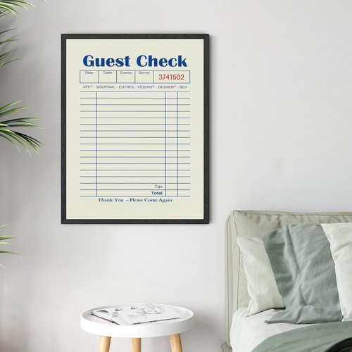 Licpach Canvas Print - Retro Guest Check Wall Art for Dining Room | Funny Blue Receipt Design - 8x12 Inch Black Frame