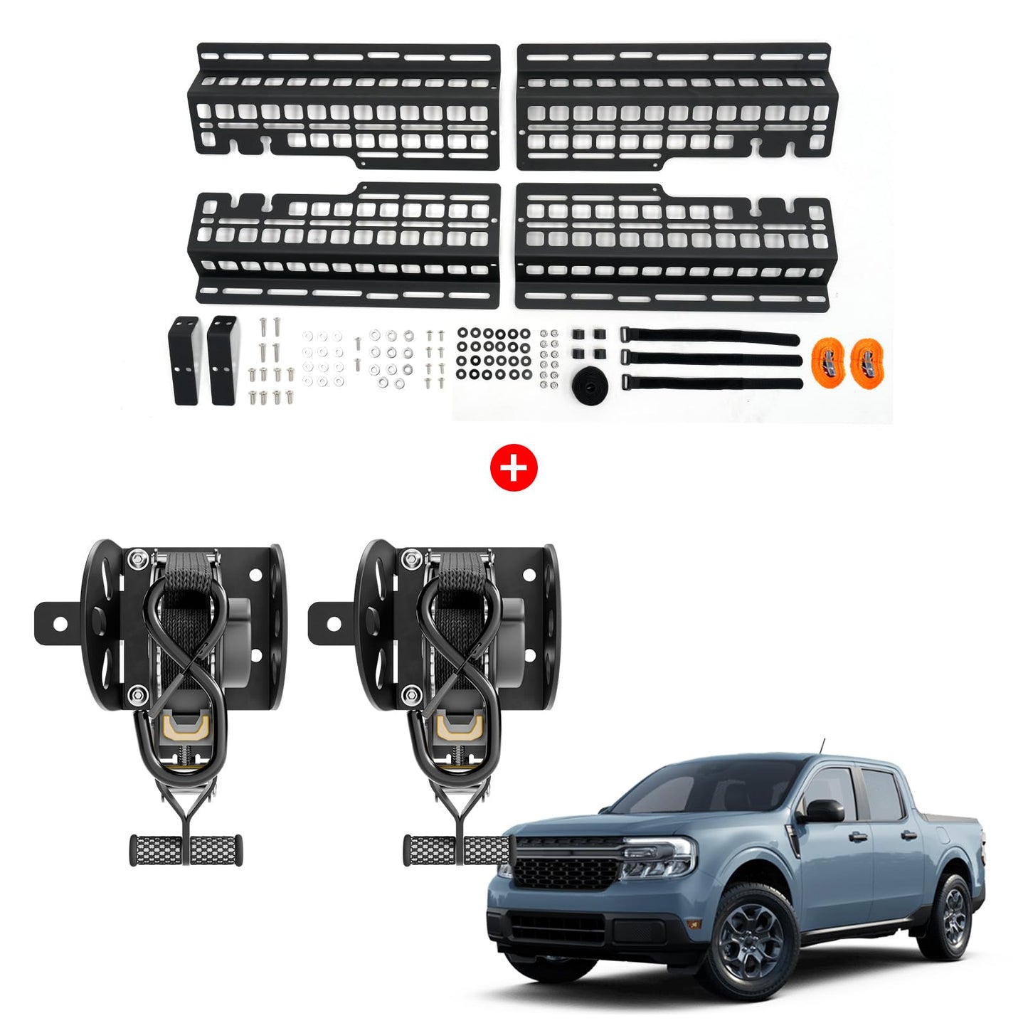 Maxzina Retractable Ratchet Straps Bundle with 2022-2026 Ford Maverick Side Bed Molle Panel Truck Bed Panel Rear Storage Organizer Replacement for 2025 Ford Maverick Accessories