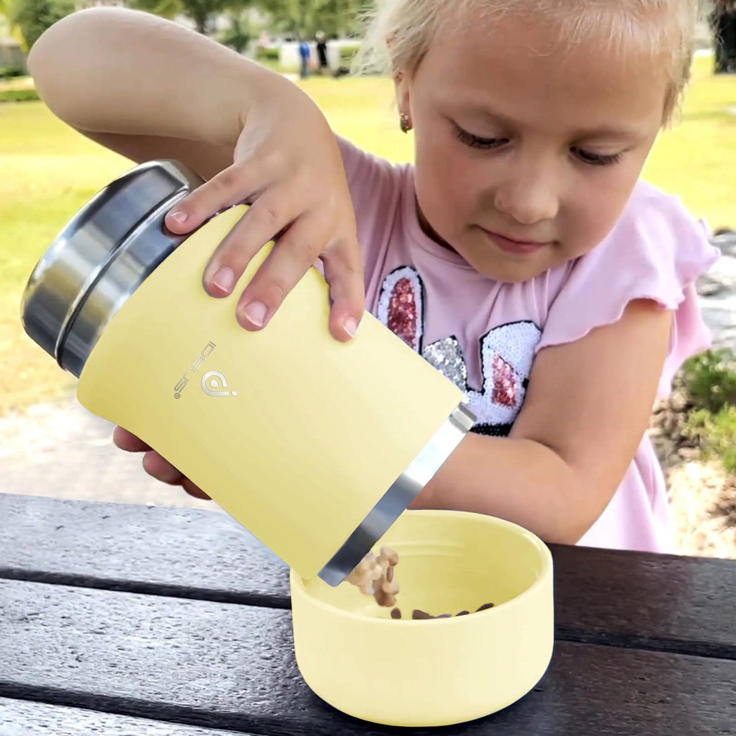 Ideus Soup Thermo with Foldable Spoon and Bowl 20oz, All-in-one Insulated Bento Lunchbox Stainless Steel Leakproof Portable Soup Container Vacuum Thermal Food Jar for Lunch (Light Yellow)
