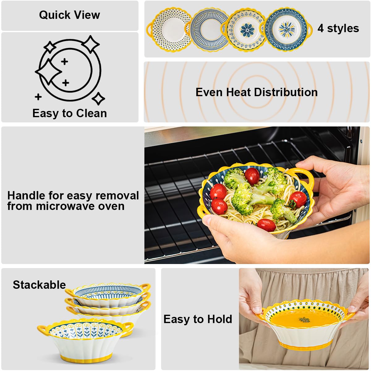 Yeacccng Bohemian Soup Bowls with Handles Set of 4, 20 Oz Indented Grooved Ceramic Bowls, 6.5 Inch French Onion Soup Bowls, Lead-Free, Scratch-Resistant, Oven/Microwave Safe