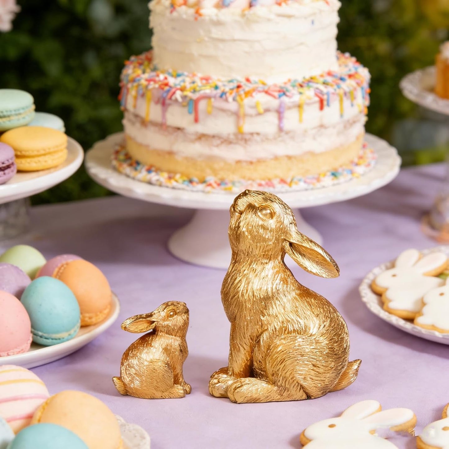 Regine Switzerland Easter Rabbit Resin Statues - Charming Outdoor Patio Decor | 2-Piece Set in Gold