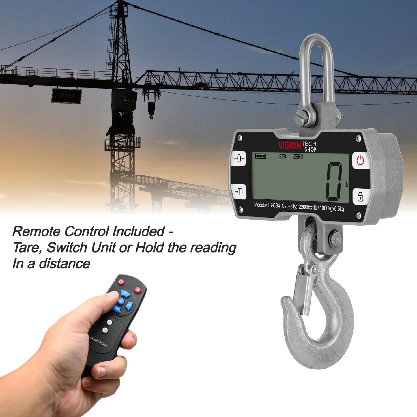VisionTechShop Digital Crane Scale, VTS-CS4 2200lb/1000kg Heavy Duty Compact Hanging Industrial Scale with Remote Control, Large LCD Display, Backlight for Farm, Factory, Construction