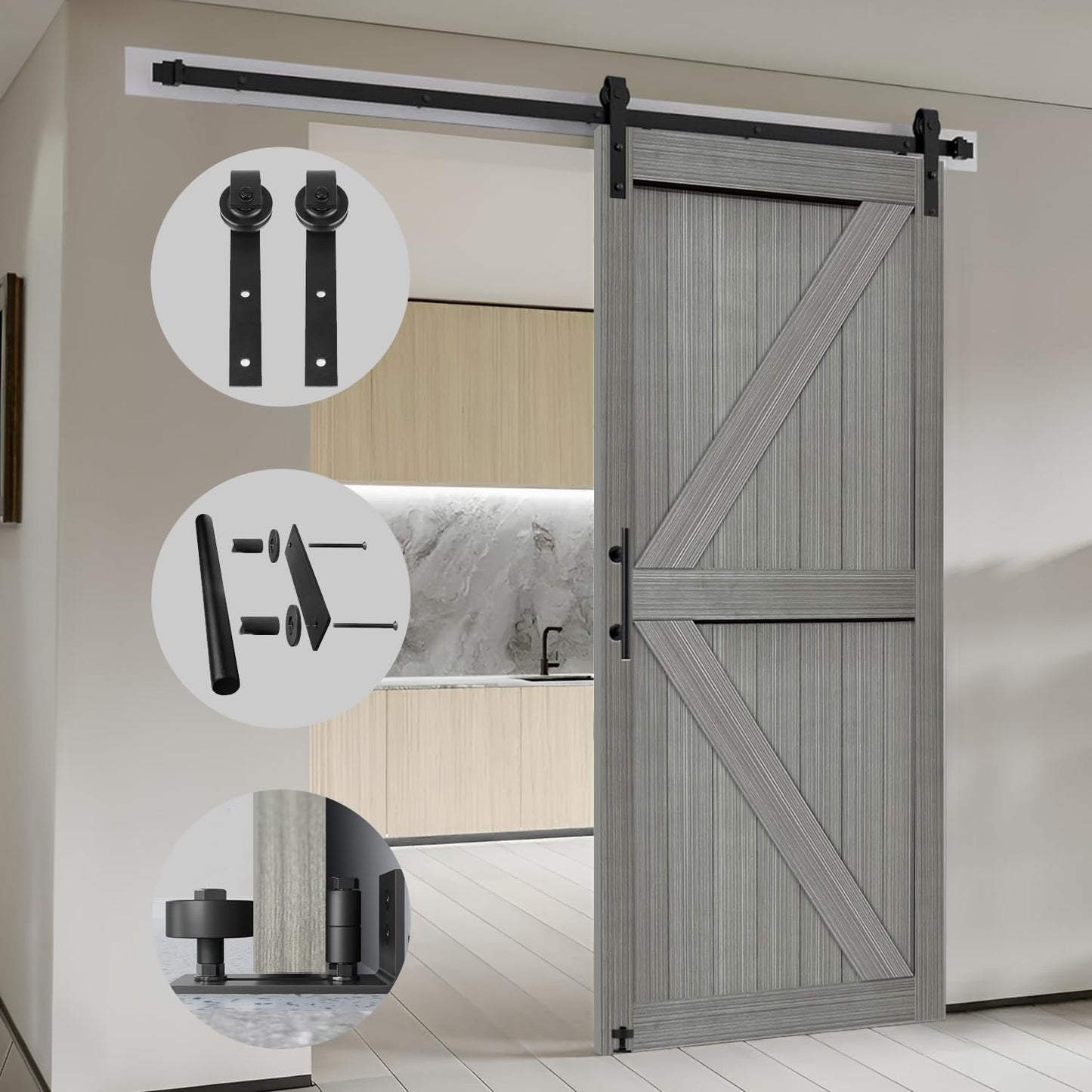 S&Z TOPHAND 36in x 84in MDF Elephant Gray Barn Door with 6.6FT Sliding Hardware Kit, Solid Barn Door Slab Covered with Water-Proof PVC Surface/Simple Assembly is Required