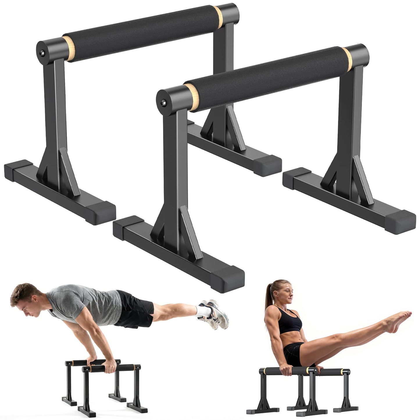 12" Wooden Parallel Bar and Dip Bar with Non-Slip Handles, Rock-Free Fitness Equipment for Handstands, L-Sits, Gymnastics and Strength Training for Home Gym, 600lbs Capacity