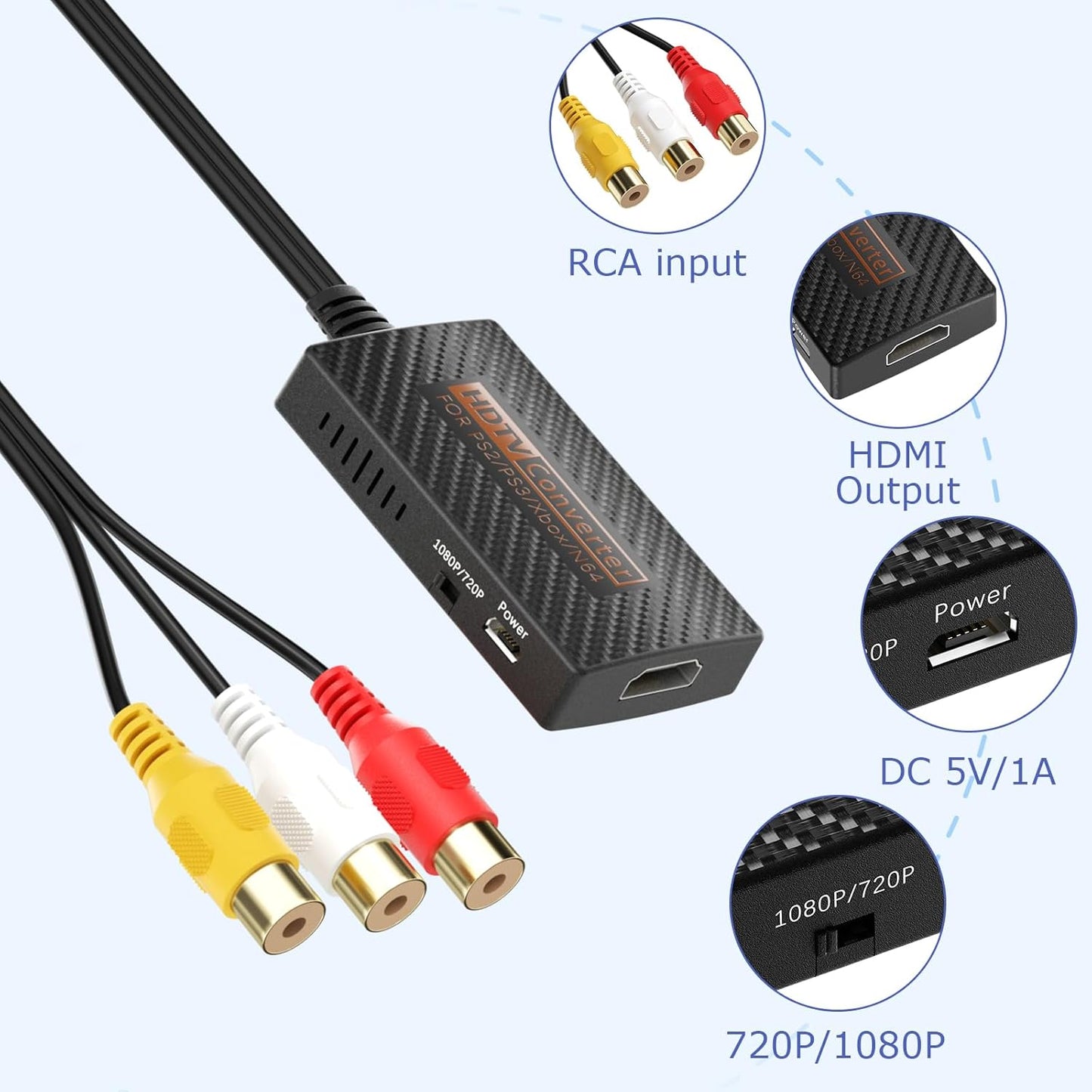 LA NREUCETS 1080P Xbox/Wii/PS1/PS2/PS3/GameCube/N64/VHS/VCR/DVR RCA to HDMI Converter, Composite AV to HDMI Converter