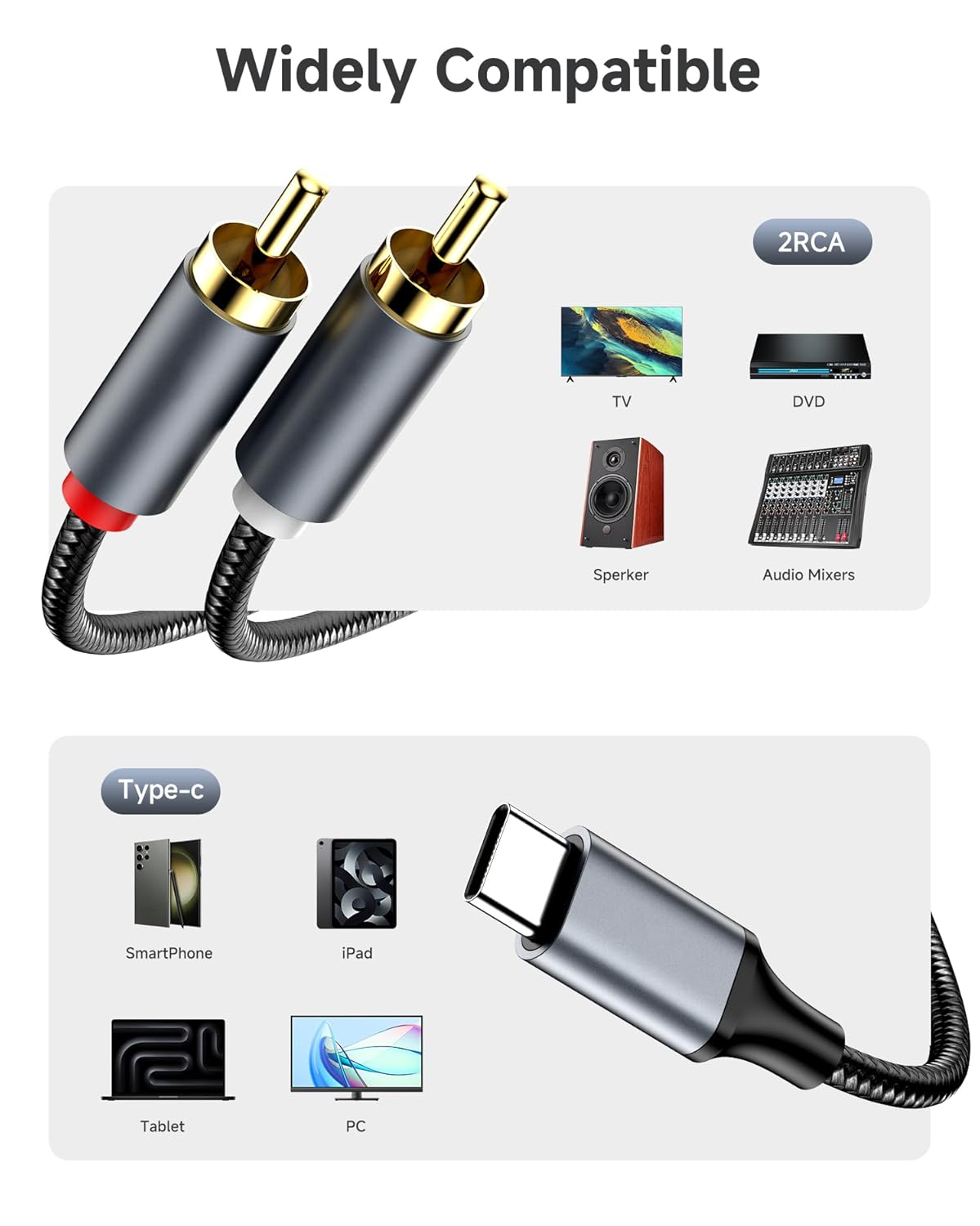 ZOOAUX PRO 2RCA 17/16/15, S26,iPad, -4FT RCA to USB C Cable, USB C to RCA Audio Cable, Hi-Fi USB Type C to Male Jack