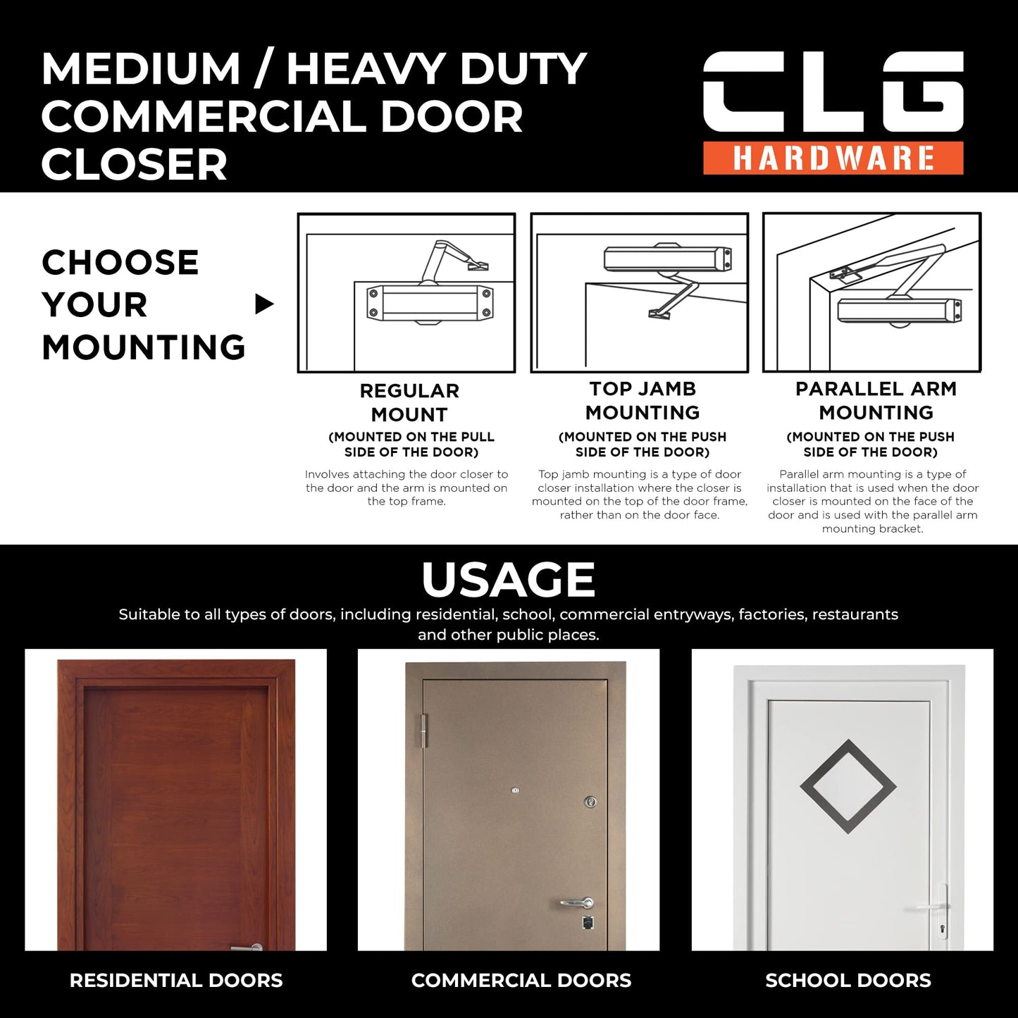 CLG HARDWARE Medium/Heavy Duty Commercial Door Closer DC7016 - Surface Mounted, Grade 1- ADA & UL 3 Hour Fire Rated, Adjustable Size 1-6 for Entrances & Aluminum Storefronts - US10B Dark Bronze