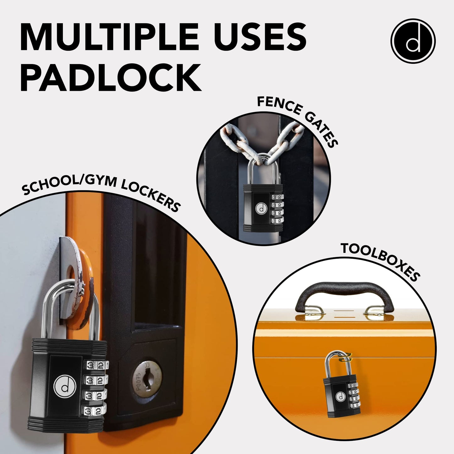 Padlock 4 Digit Combination Lock - for Gym School Locker, Outdoor Gate, Shed, Fence, and Storage - Weatherproof Metal - Keyless, Easy to Set, Resettable - Black