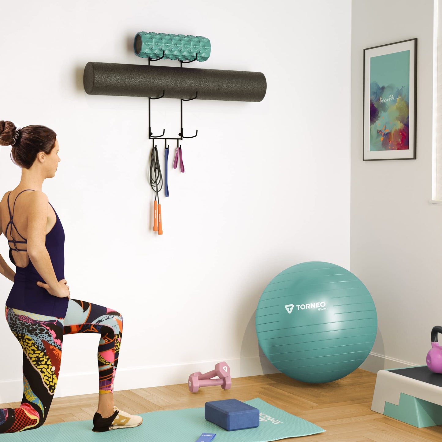 Wallniture Guru Wall Mount Yoga Mat Home Gym Equipment Resistance Bands and Foam Roller Holder with 3 Hooks 3 Sectional Metal Black