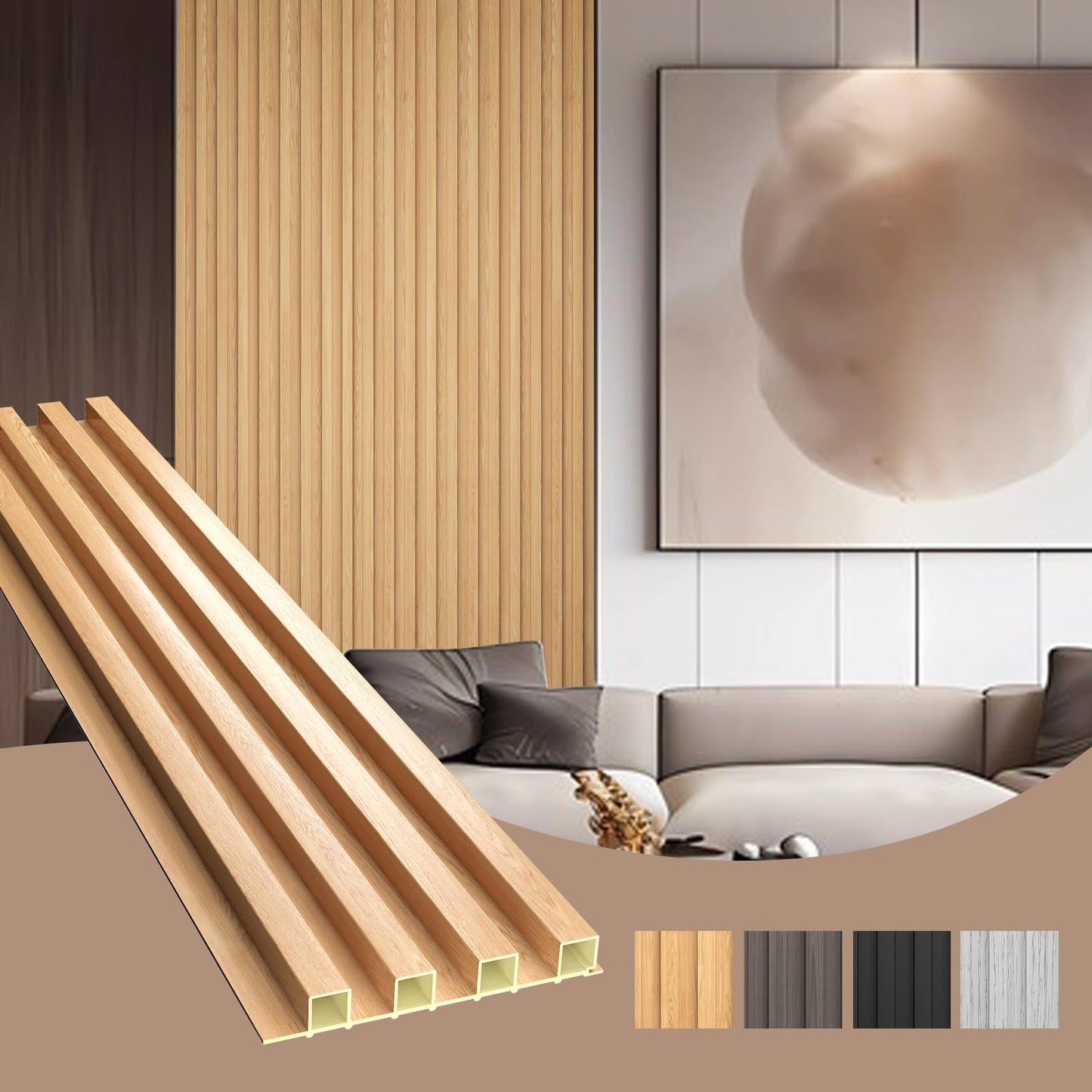 OUZUGIE WPC Acoustic Slat Wall Paneling, 8-Pack 114 x 6 Inches 3D Wall Panels for Interior Wall Decor,Living Room,TV Background,Study Room,Office Spaces,Bedroom,High Grille (Oak)