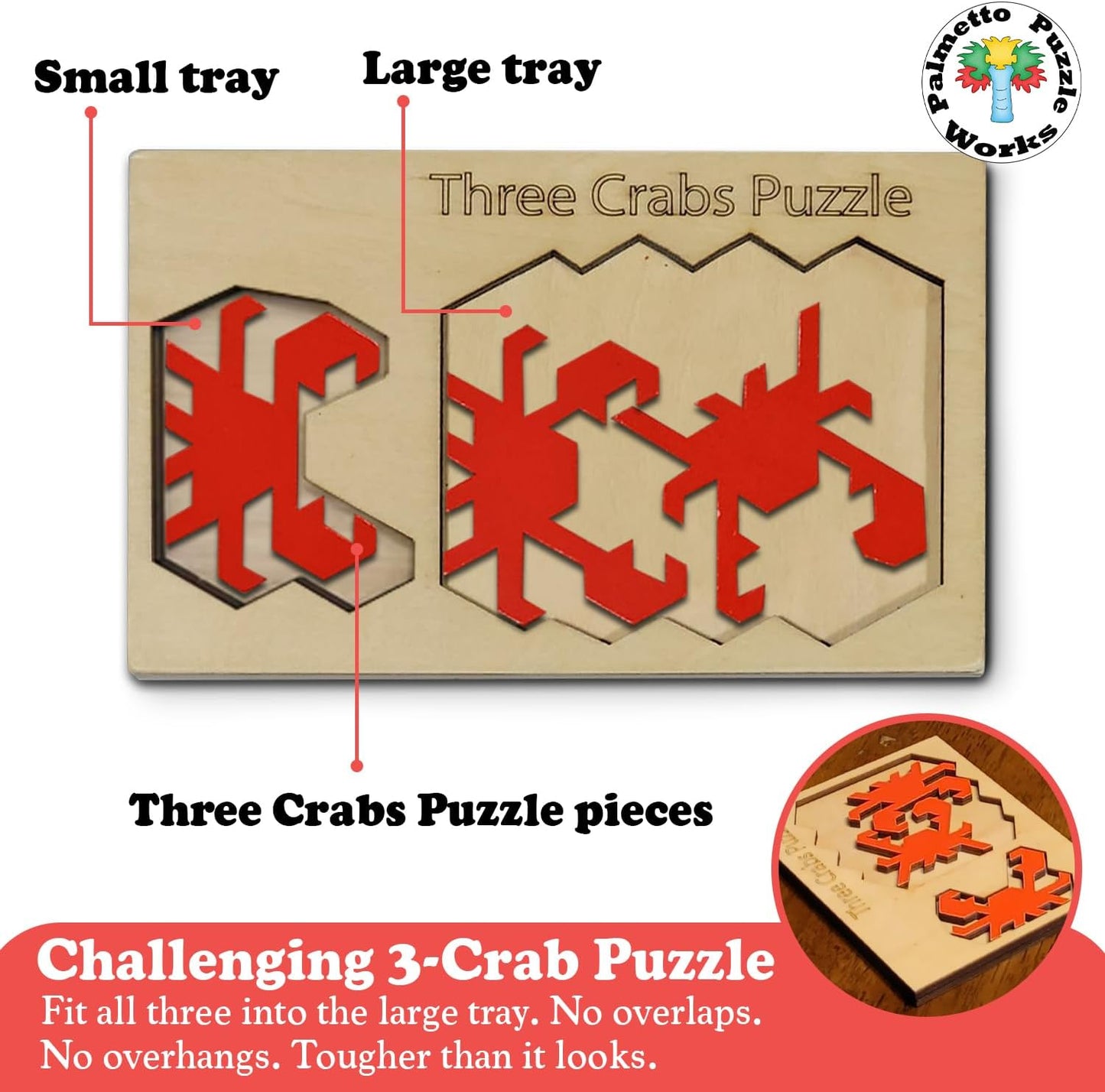 Three Crabs Wooden Puzzle - Educational Brain Teaser for Teens & Adults | Unique Gift for Families