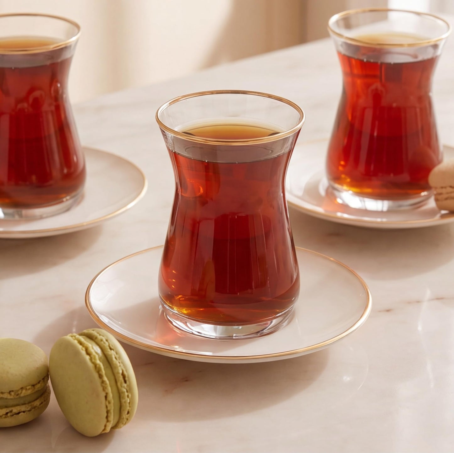 KARACA Retro Beige 6 Person Tea Set - 12 Piece Turkish Tea Cups and Saucers, Turkish Tea Glasses Set with Gold Decal Details