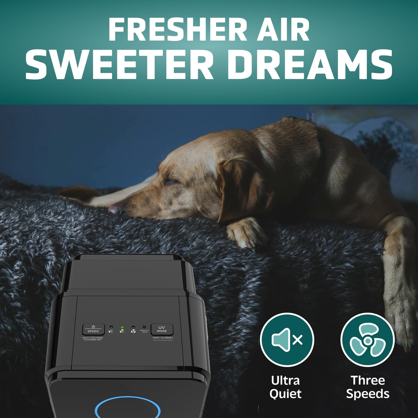 GermGuardian 5-In-1 HEPA Air Purifier for Home, Pet Air Purifier with HEPA Air Filter & UV-C Light, AC4300BPTCA, 743 Sq. Ft., 22'' Tower, Black