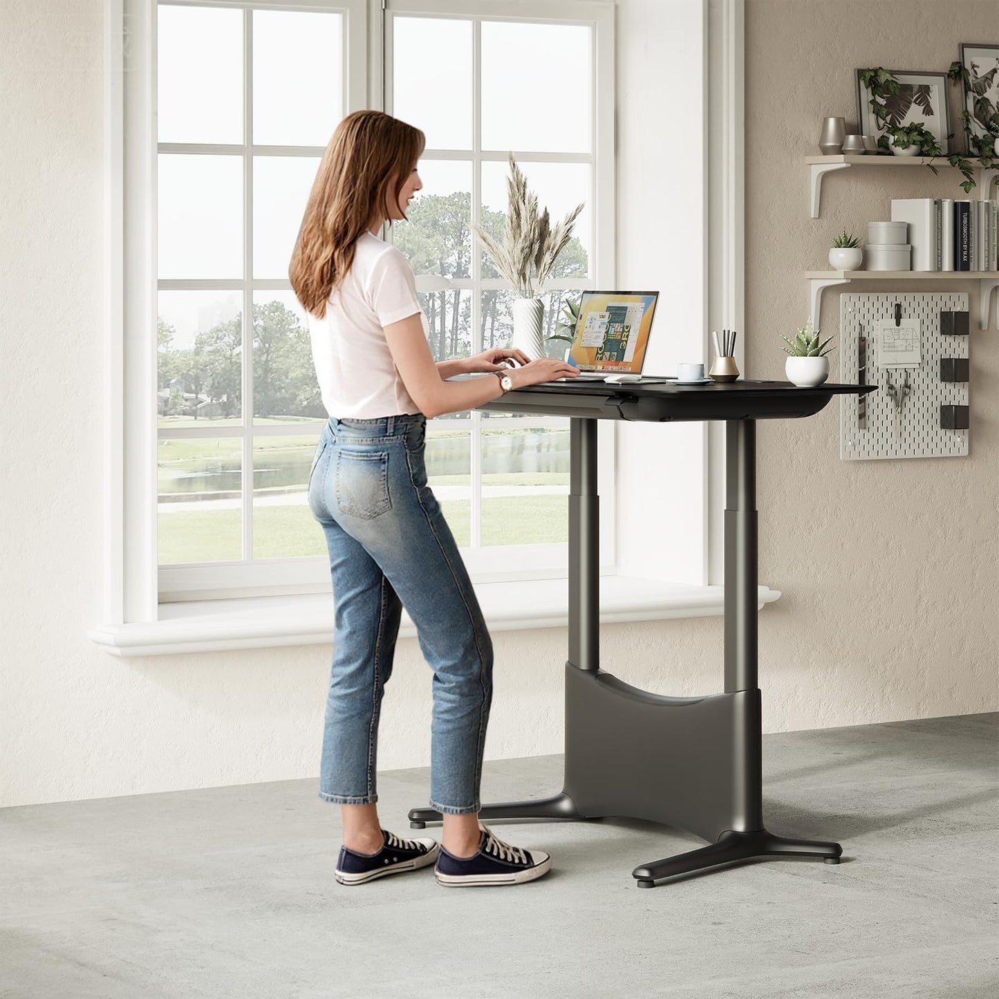 COLAMY Electric Adjustable Standing Desk – 48 x 28 Inch Sit Stand Desk with Drawer & Cable Management, Dual Motor Lift System, Ergonomic Footrest, Home Office Table (Veneer Desktop, Black Oak + Black)