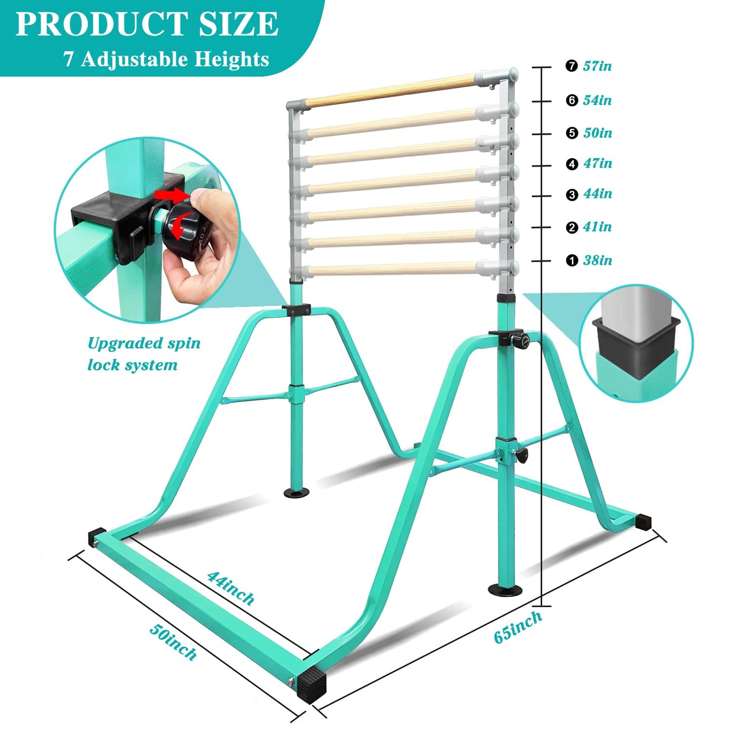 kechery Foldable & Moveable Gymnastics Horizontal Bar with Rings,3’to 5’Adjustable Height Expandable Junior Kip Bar for Home,Indoor Gym Equipment for Kids (Foldable Teal with Rings)