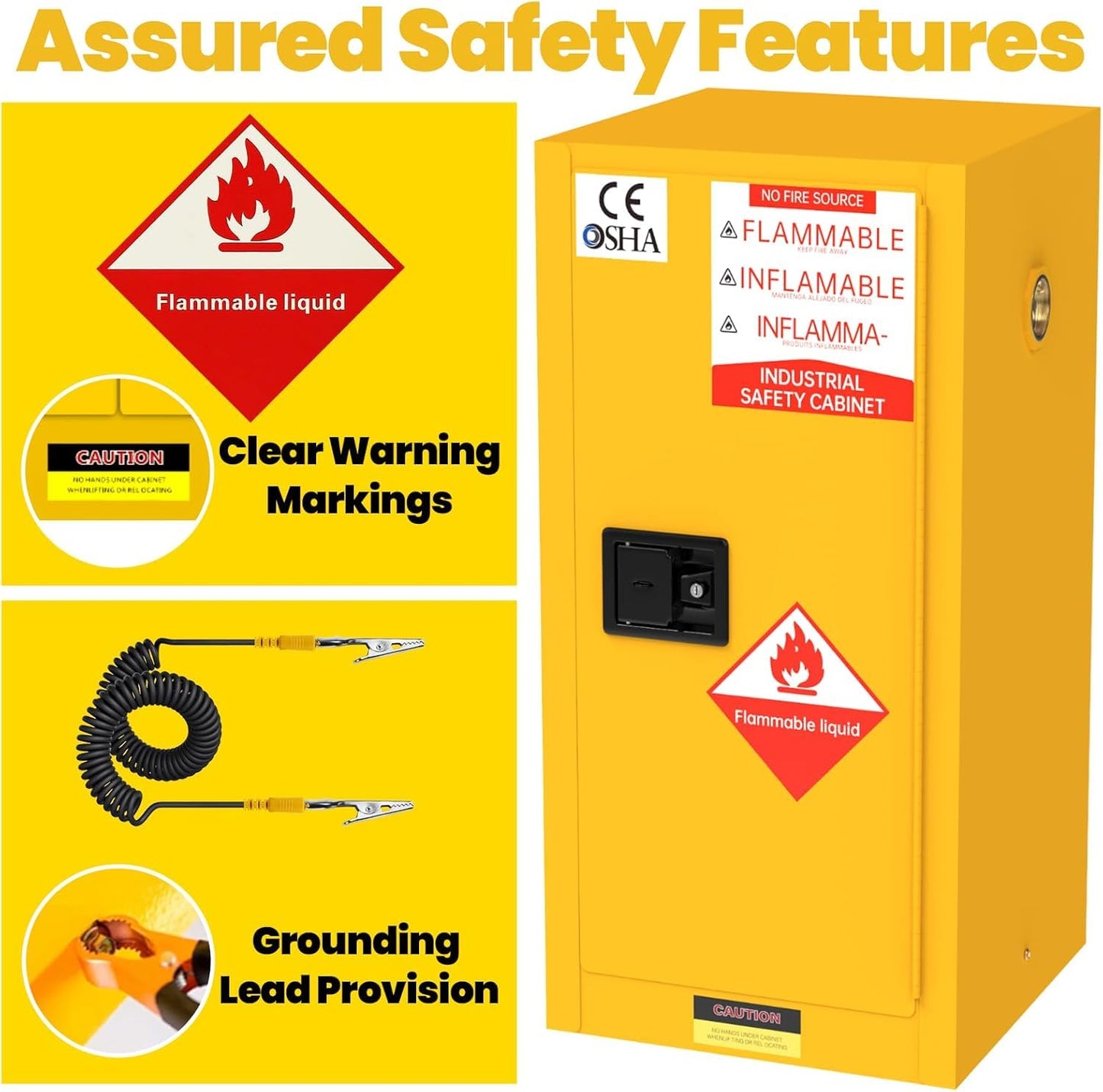 BLUEIAN 30 Gallon OSHA Flammable Storage Cabinet | 36x23x23 Double-Wall Steel Fire Cabinet with 3-Point Lock, Leak-Proof Sump & ESD Grounding Cable for Gasoline, Chemicals