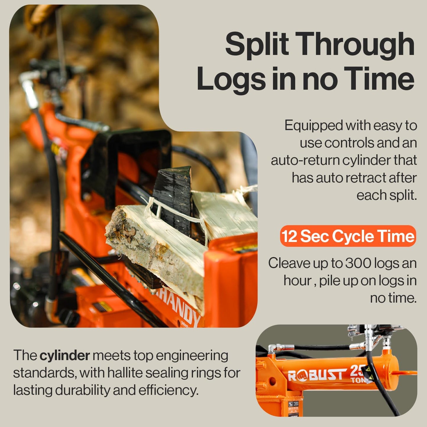 SuperHandy Log Splitter with Durable Steel Wedge, Portable Design for Firewood and Forestry Harvesting (25 Ton Gas Powered)
