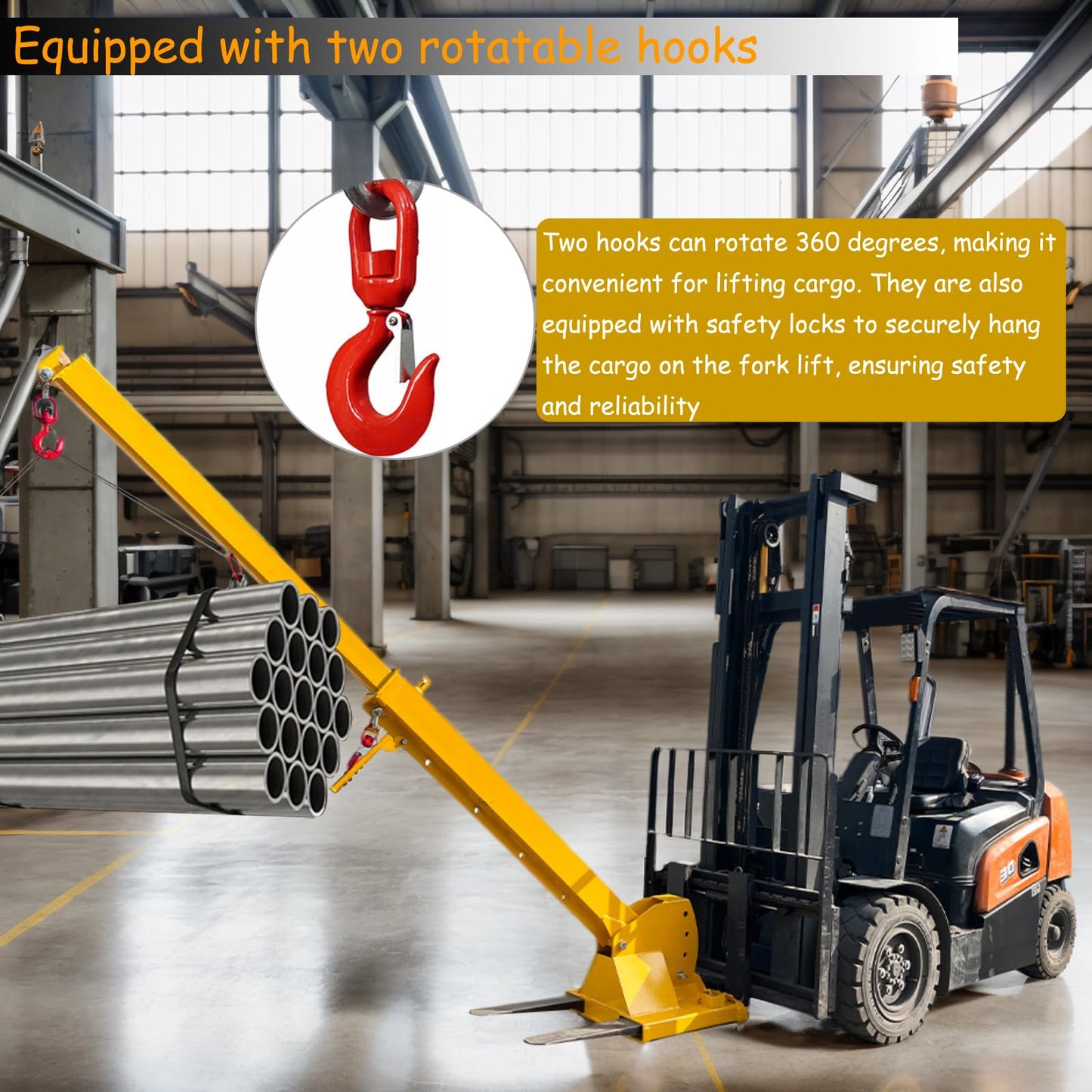 PreAsion 6600LB Capacity Forklift Jib Boom Crane, Adjustable Boom Length 7-12ft Manual Telescoping, Mobile Crane Lifting Hoist with Two Swivel Hooks, Lifting Angle 0-75°, Compatible with Pallet Forks
