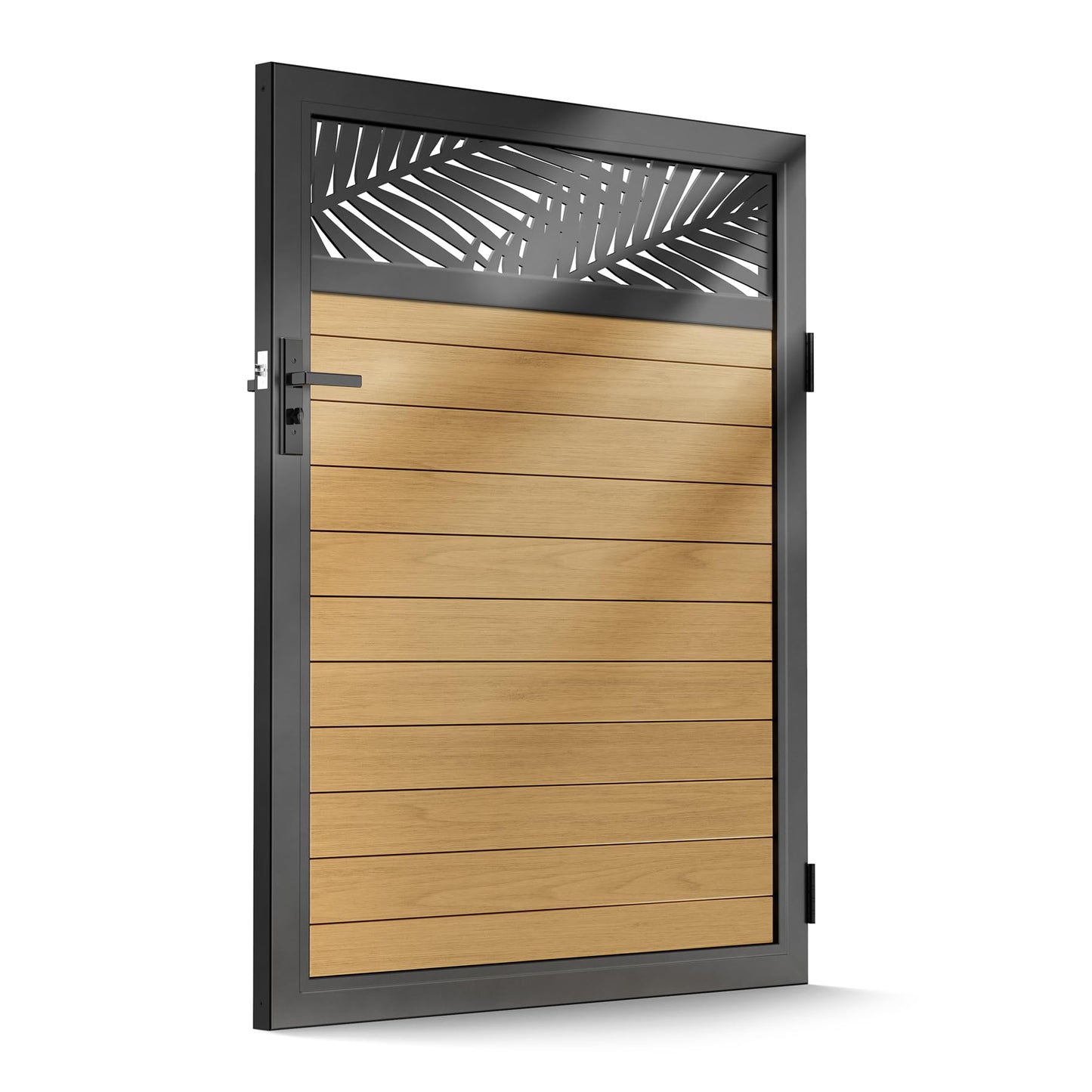 Brukid 4x5 FT Aluminum Fence Gate Kit Wood Grain Aluminum Gate with Decorative Cutout, Lock & Hinges, Left/Right Opening, Weather Resistant for Yard Garden Patio