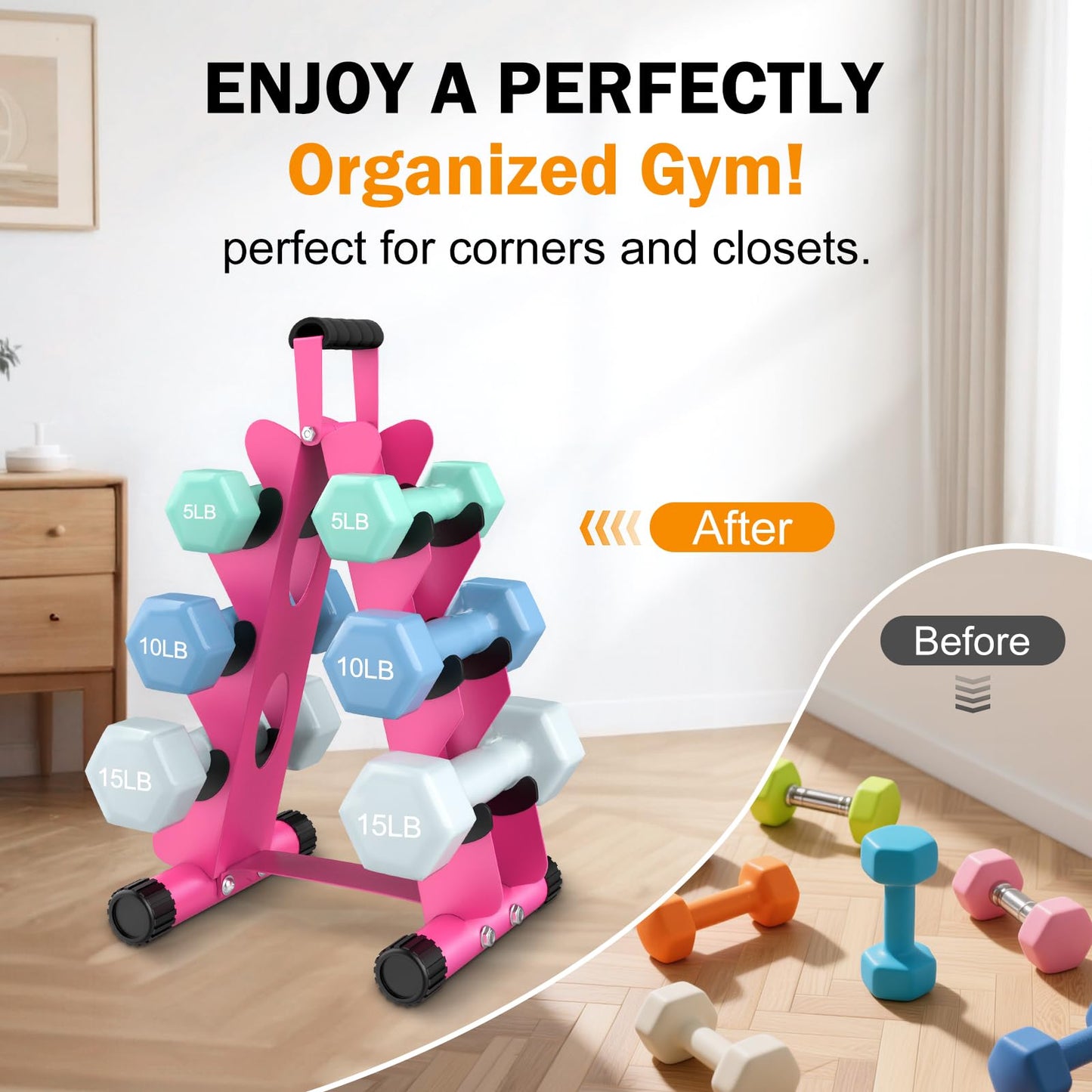 AmazeFan 5 Tier | 3-Tier Dumbbell Rack Stand Only, A-Frame Design Weight Rack with Handle, Weights Metal Strength Training Dumbbells Storage Rack for Home Gym Space Saver (Dumbells not Included) (Pink, 3 Tier)