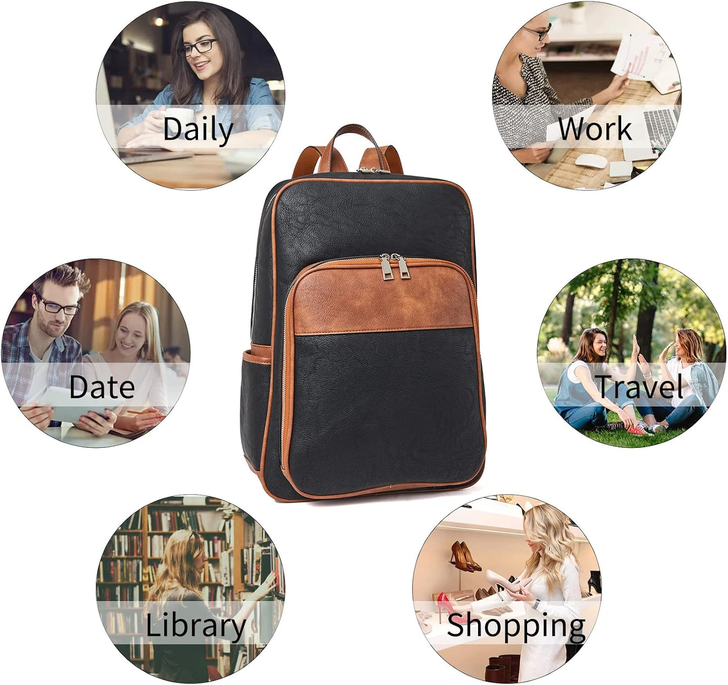 Backpack Telena Leather Laptop for Women Business Casual College Bags Black-Brown