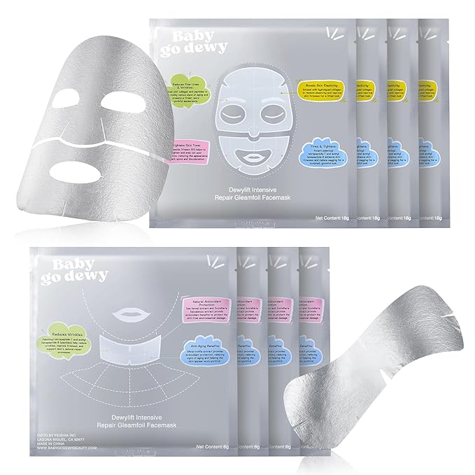 Bio-Collagen?‘Peptide Face Mask Sheets ??Gleam Foil Intensive Overnight Hydrate Face???¯Neck Masks for Moisturizing, Firming & Lifting Care ??8 Count(4 Face Masks + 4 Neck Masks)