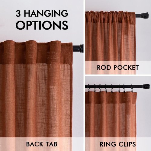 MIULEE Linen Curtains - 96 Inch Semi-Sheer Drapes in Burnt Orange | Soft Light Filtering Panels for Living Room & Bedroom