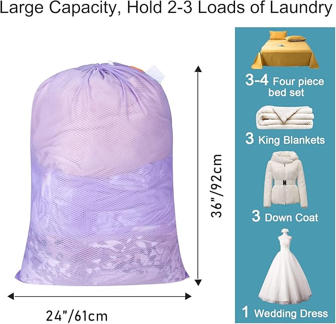 Polecasa Heavy Duty Large Mesh Laundry Bags with ID Tag and Locking Drawstring Closure - 2 Pack, 24 x 36 inches - Laundry Hamper Liner, Washable Laundry Bag for Travel, Sports, Dorms (Purple)