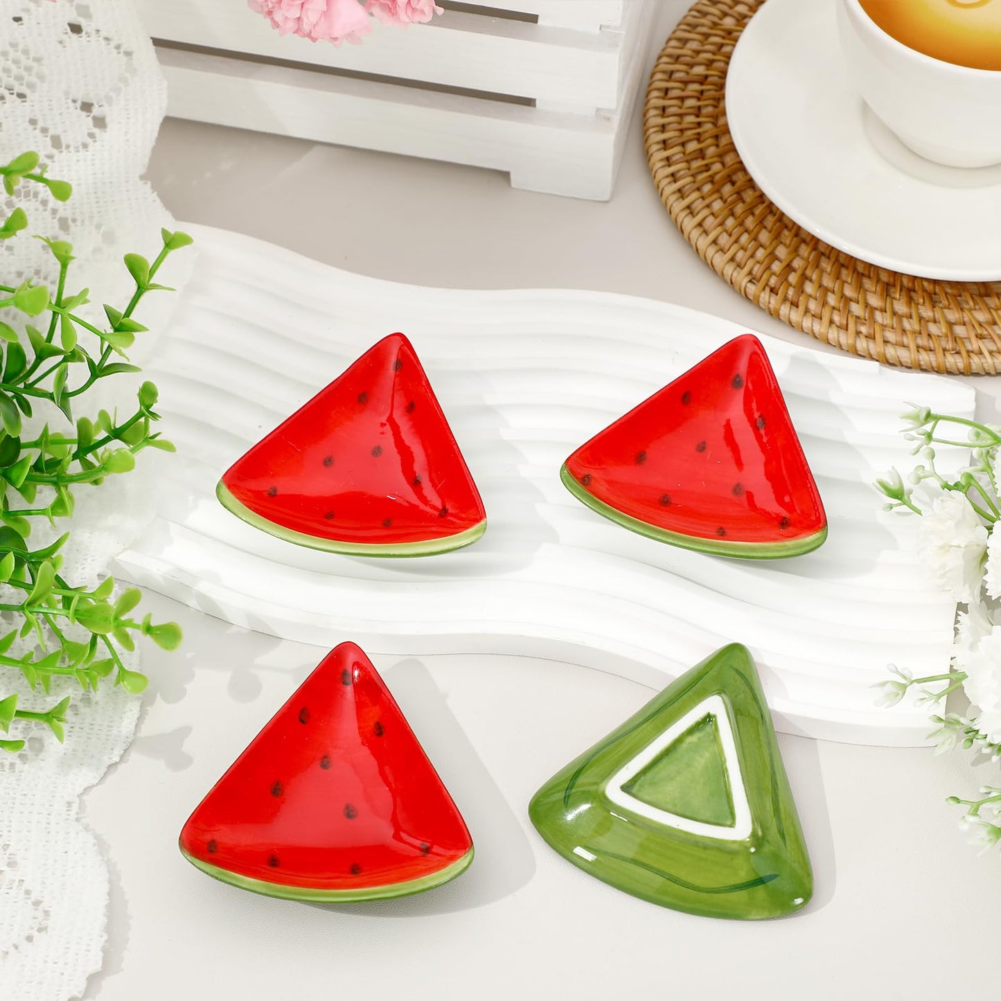 Whaline 4Pcs 2.4inch Watermelon Mini Ceramic Spoon Rest Red Green Watermelon Fruit Small Coffee Spoon Holder for Summer Home Coffee Station Bar Accessories
