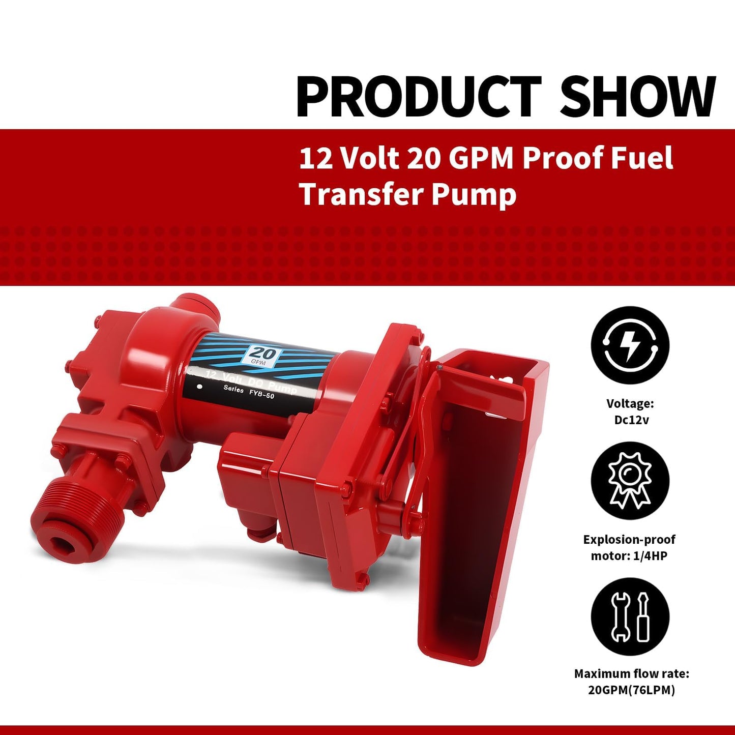Nakkaa 12 Volt 20 GPM Explosion Proof Fuel Transfer Pump Compatible with Gasoline, Diesel, Kerosene, Mineral Oil and Similar Fuels or Oils (Package A)
