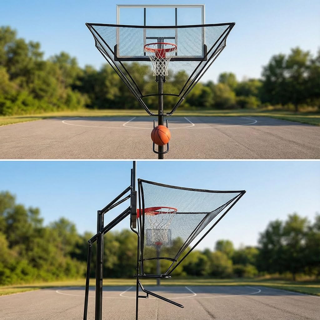 Basketball Rebounder Attachment & Returner Shooting Machine - Portable Hoop-Mounted Return Net System, 180° Rotating Chute for Continuous Solo Practice, Fits Standard 18″ Rim