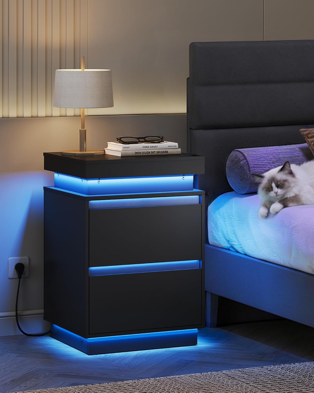 WLIVE Tall Black Nightstand - Modern Bedside Table with LED Lights & Charging Station | 2 Wooden Drawers