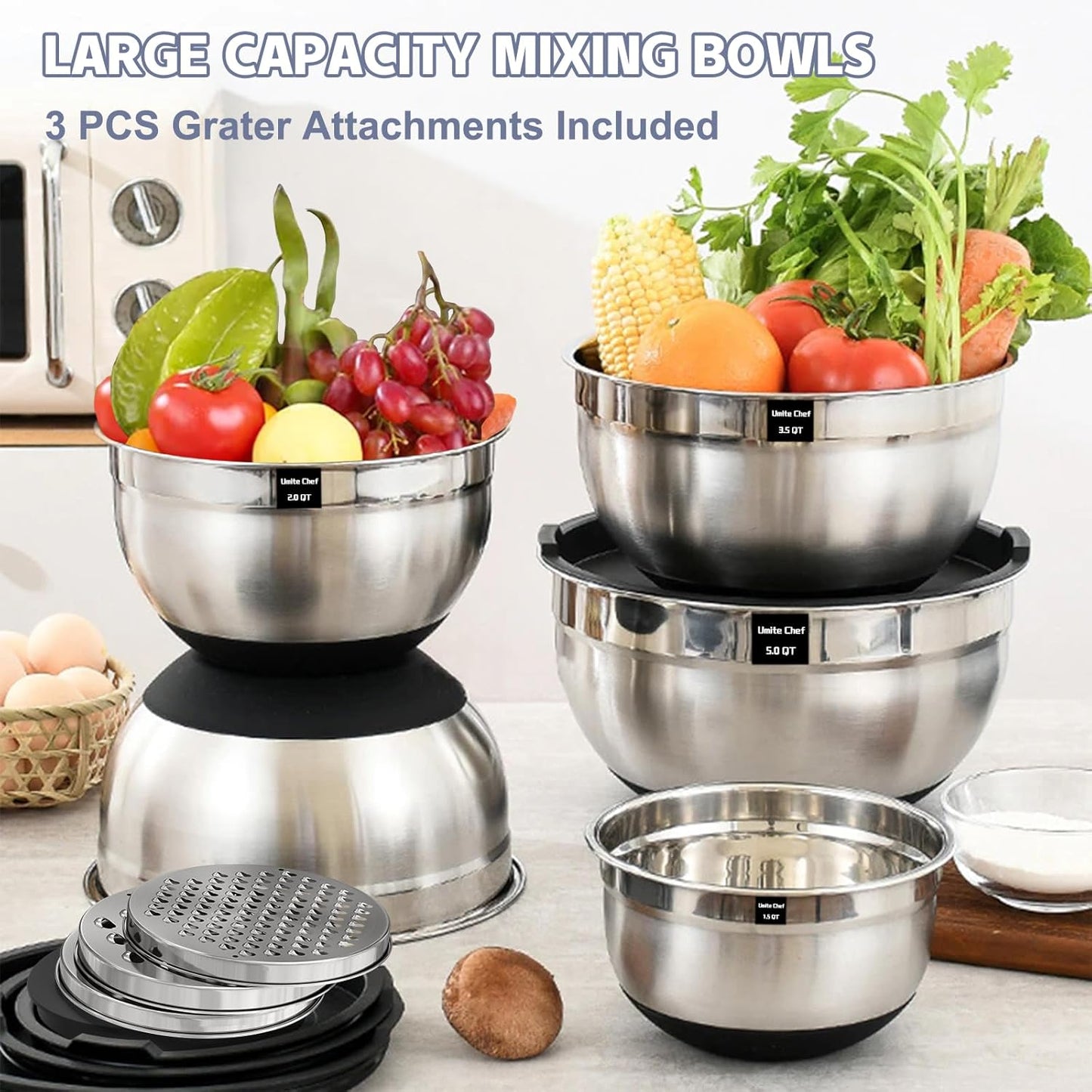 Umite Chef Mixing Bowls - 8PCS Stainless Steel Set with Airtight Lids & Non-Slip Bottoms | Black, 1.5QT to 5QT