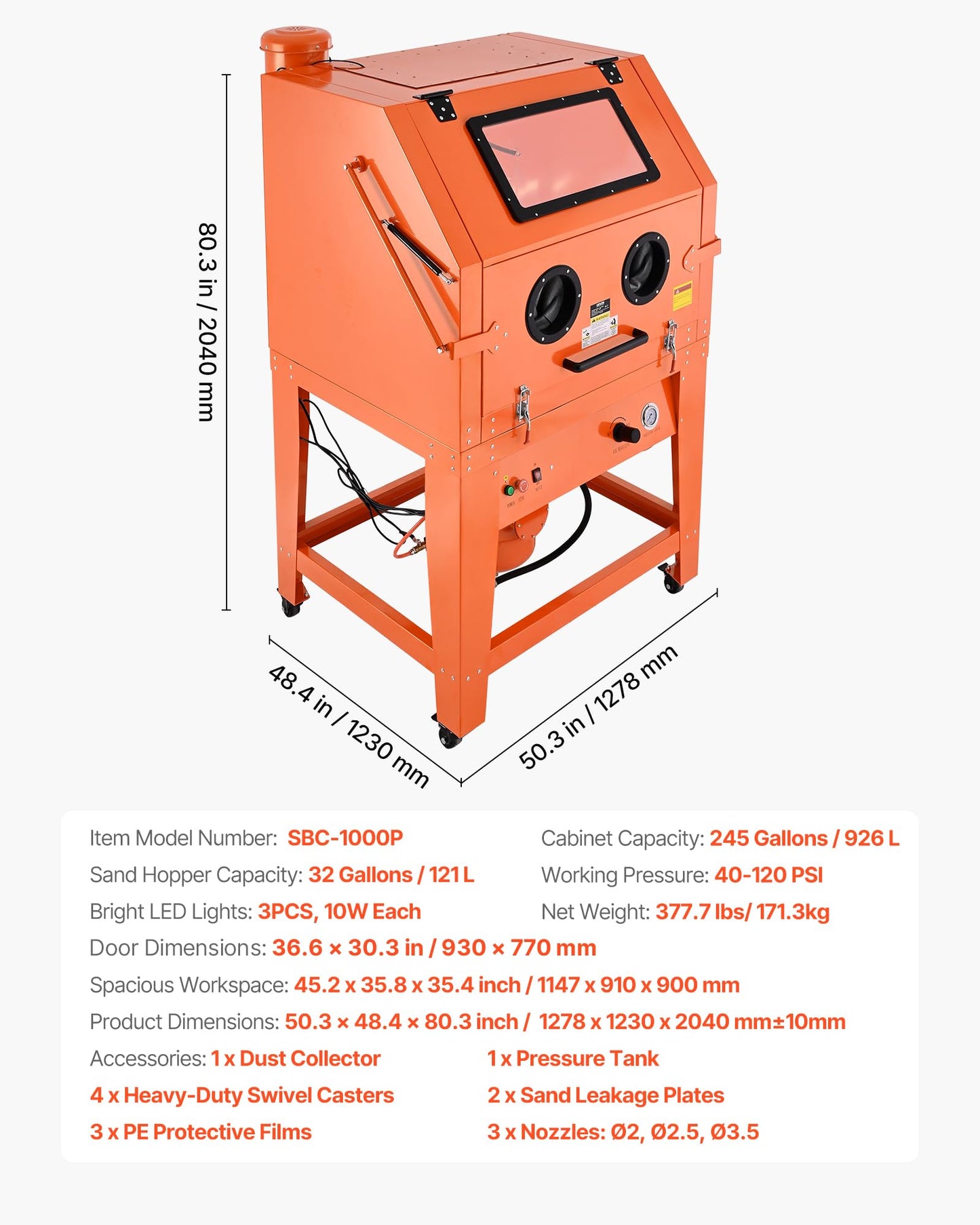 VEVOR Heavy Duty Sandblasting Cabinet Kit with Pressurized Tank, Industrial-Grade Steel Sand Blasting Cabinet - with Dust Collector and Casters for Oversized Parts Surface Finishing, Rust Removal