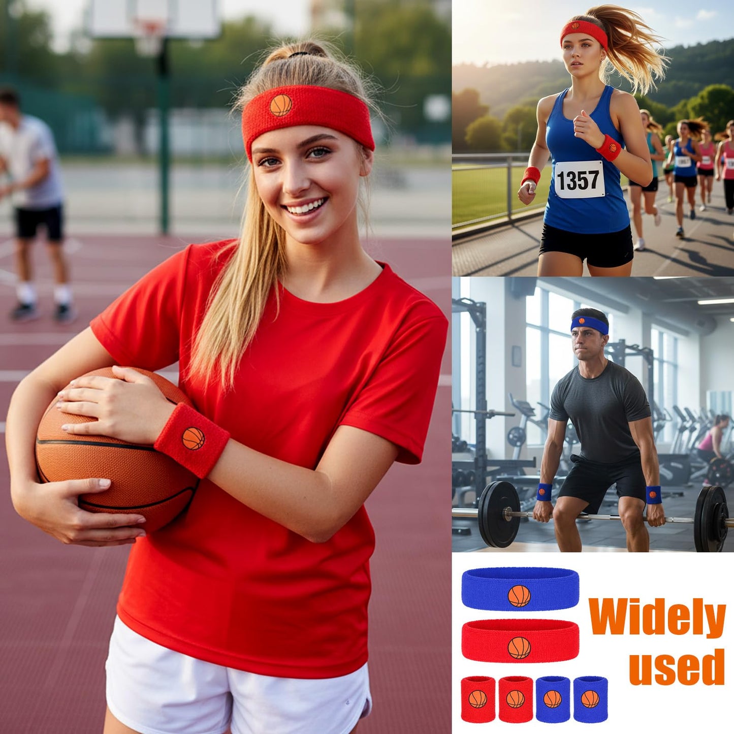 6 Pcs Basketball Headband, Sports Fan Sports Headband Wristband Set Including 4 Wristband and 2 Headbands Moisture Wicking Athletic Terry Cloth Sweat Absorbing Head Band for Workout
