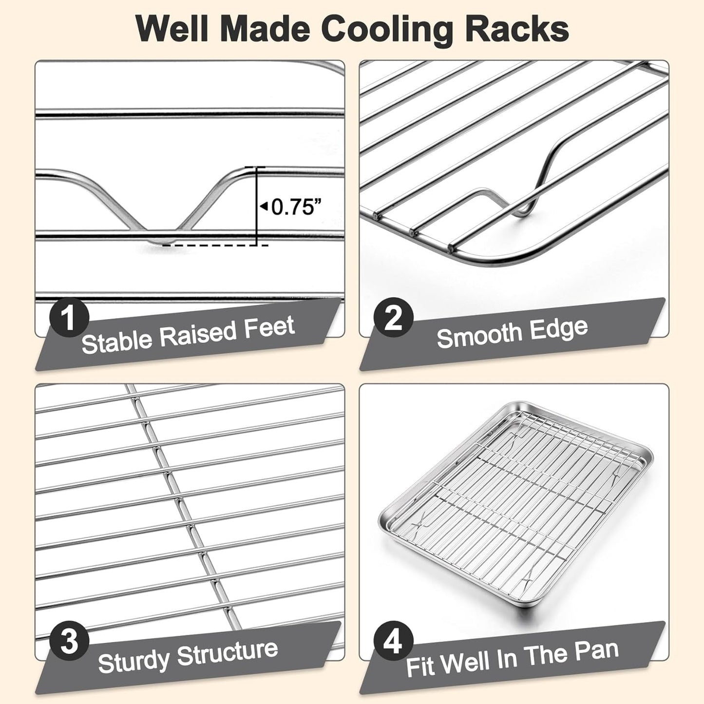 TeamFar Baking Sheet Set - 3 Stainless Steel Cookie Sheets with Racks | Non-Toxic, Heavy Duty, Dishwasher Safe, 19.6/16/12.5 Inch