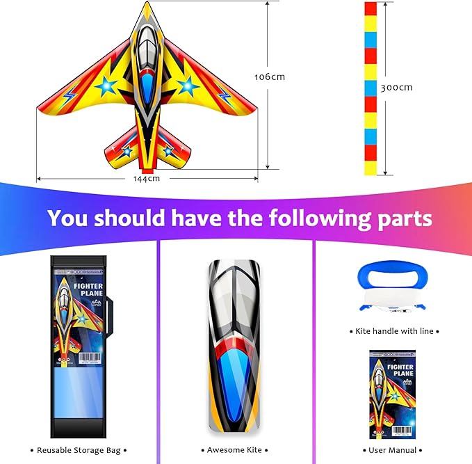 HONBO 58" Fighter Plane - Kite for Kids & Adults, Easy to Fly, Beach Trip Beginner Kite with Reel and 200ft String