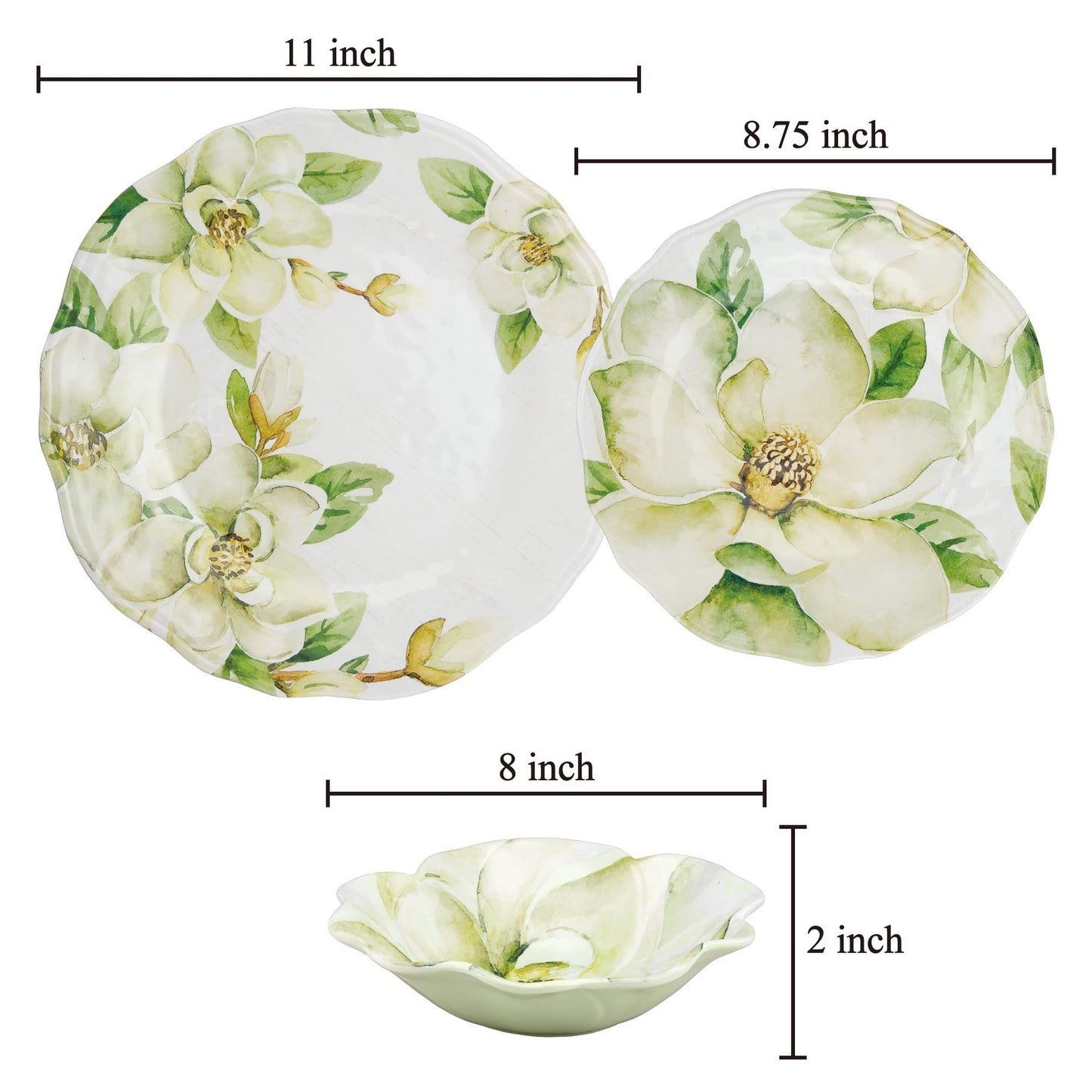 UPware 12 Piece Magnolia Melamine Dinnerware Sets, Outdoor Dishes Set, Plates and Bowls Sets, Service for 4, Green