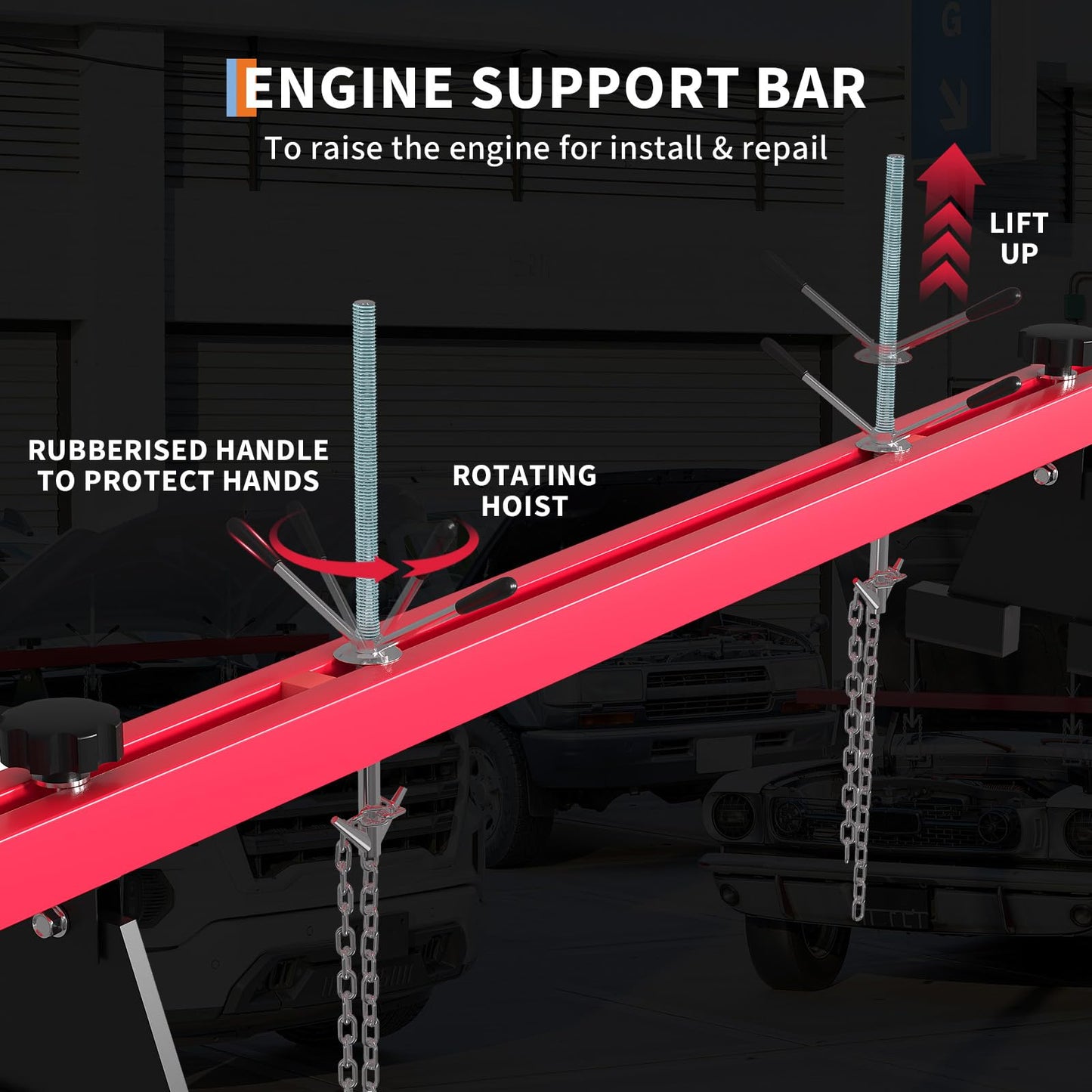 DEXSO Engine Hoist and Engine Support Bar Combo, 2 Ton Folding Hydraulic Engine Crane, 4400 LBS Cherry Picker, 1100 LBS 2 Point Lift Holder Hoist Dual Hooks, Red
