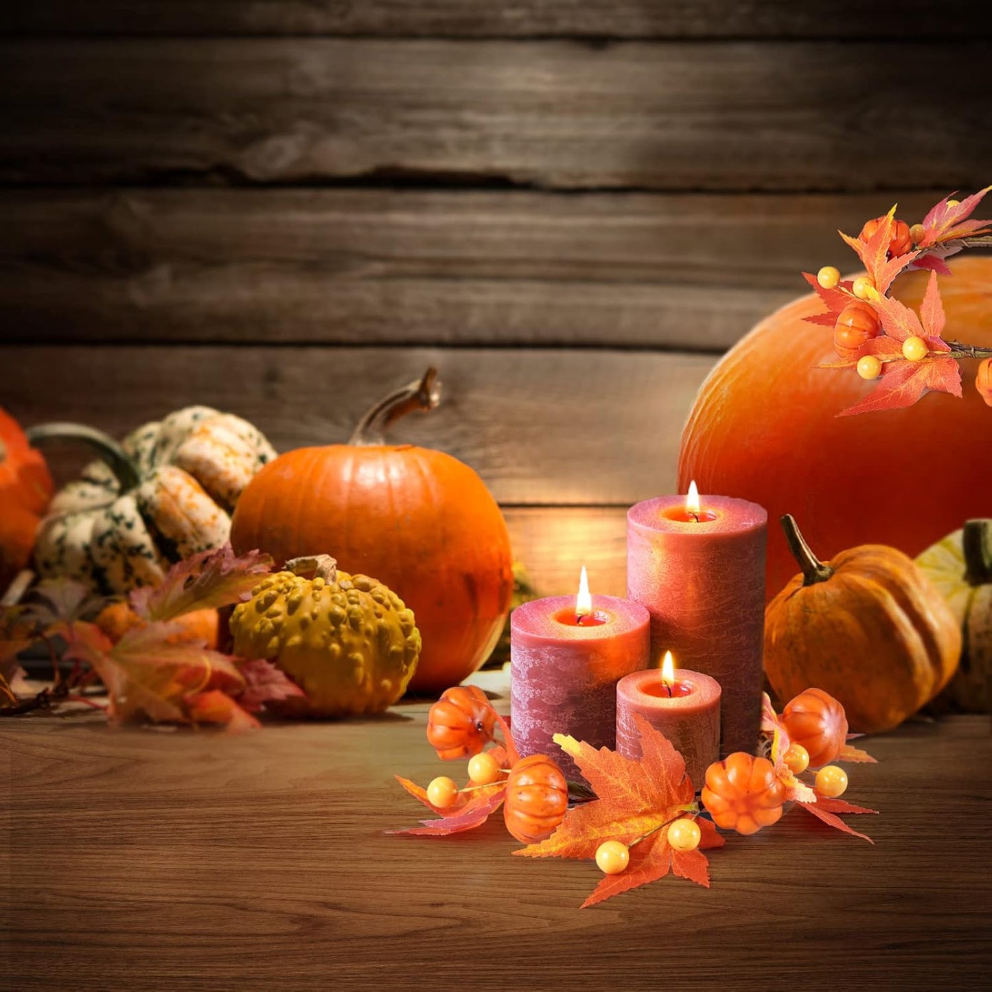 Skiennix Fall Candle Rings - 6Pcs Artificial Pumpkin & Maple Leaf Wreaths for Autumn Decor | 3.1" ID / 7" OD