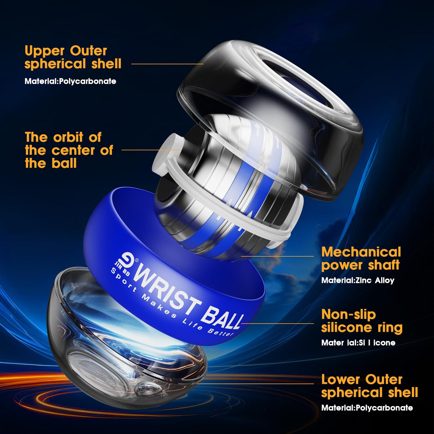 JIN BD Auto-Start Gyro Ball Wrist Trainer, Gyroscopic Forearm Exerciser for Strengthening Arms, Fingers and Muscles (Blue No Light)