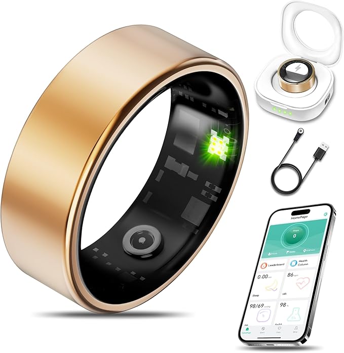 Smart Health Ring for Women Men Fitness Tracker with Heart Rate, Blood Oxygen, Blood Pressure, Sleep Monitoring, Step Counting, IP68 Waterproof for iPhone and Android, No Subscription Fee, Gold 7