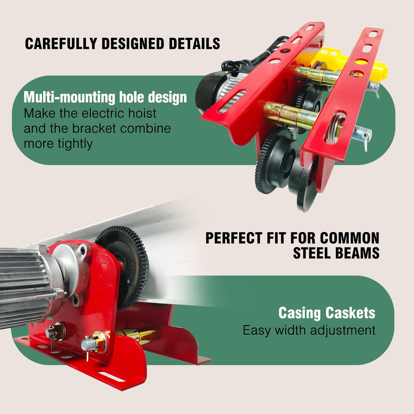 Dremvoist Electric Trolley for Power Hoist, 1 Ton 2204 LBS Electric Hoist Trolley, 2.68"-4.33" Adjustable Beam Flange Width, for PA200-PA1000 Hoists Push Geared Overhead Crane Heavy Duty Wheels System