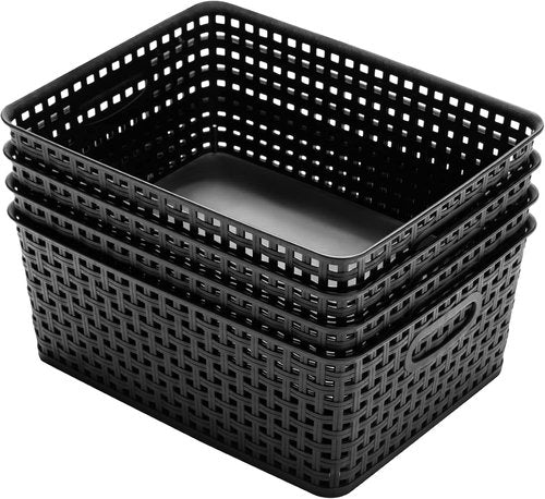 Eslite Plastic Storage Baskets - Organize Your Space | 11" x 8.5" x 4.7" | Pack of 4 (Black)