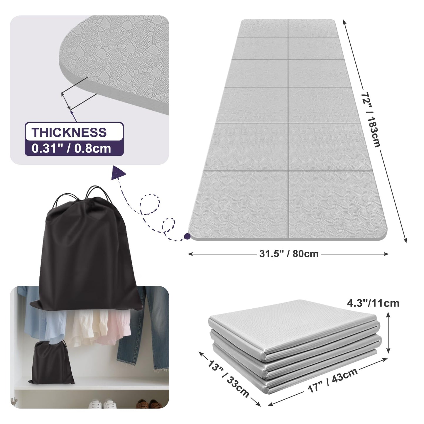 Kanonmaori Foldable Yoga Mat for Travel 72"x 32"x 0.32"Inch, 8mm Thick Folding Exercise Mat, Outdoor Non-slip Pilates Mat for Women & Men, Wide Yoga Mat Packable for Workout and Fitness（grey）