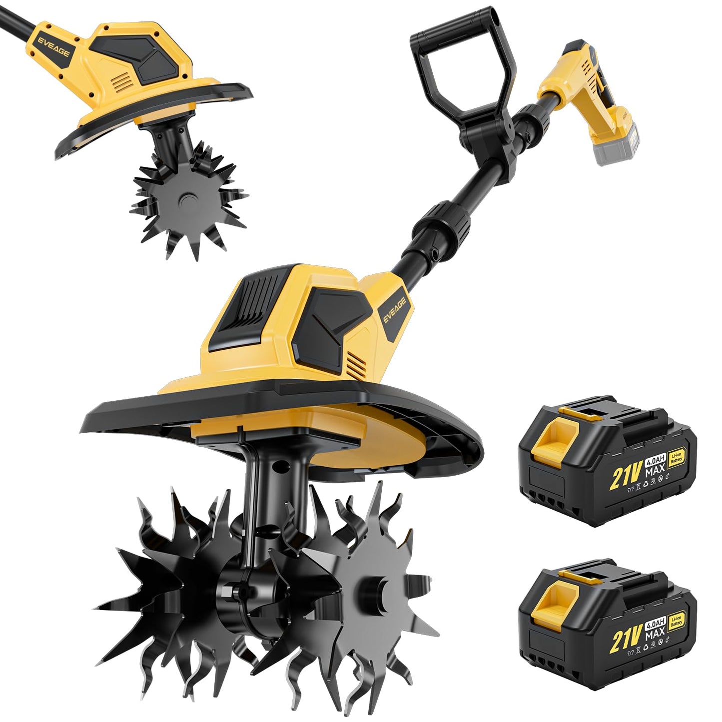 21V Cordless Tiller Cultivator, 2x4.0Ah Battery Powered Electric Garden Tiller, 360RPM Rototiller with 48 Steel Tines, 9.7" Width & 7" Depth, Lightweight Soil Tiller for Gardening